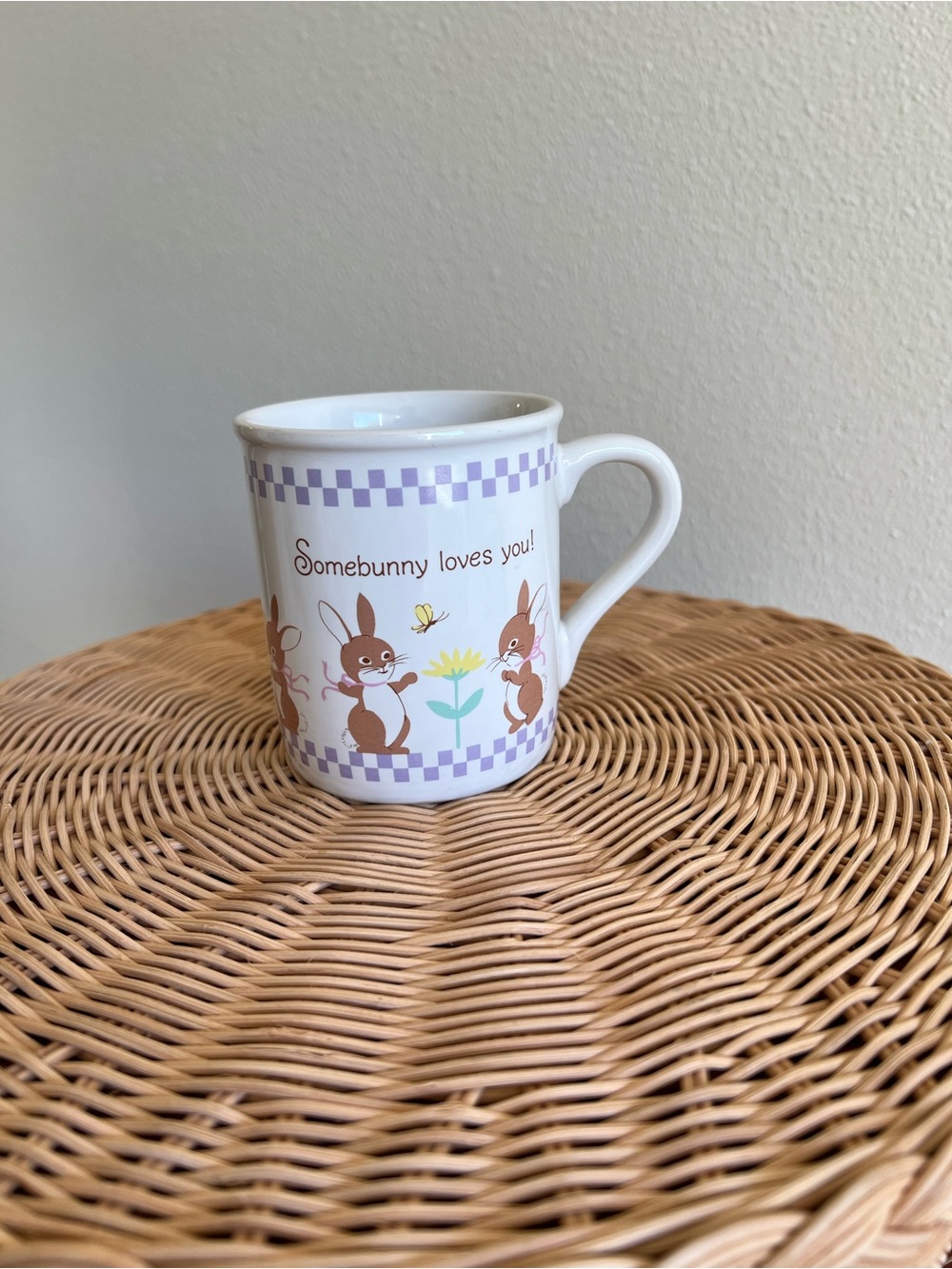 Hallmark Vintage 80’s White Mug with Brown Bunnies and Lavender Check Border